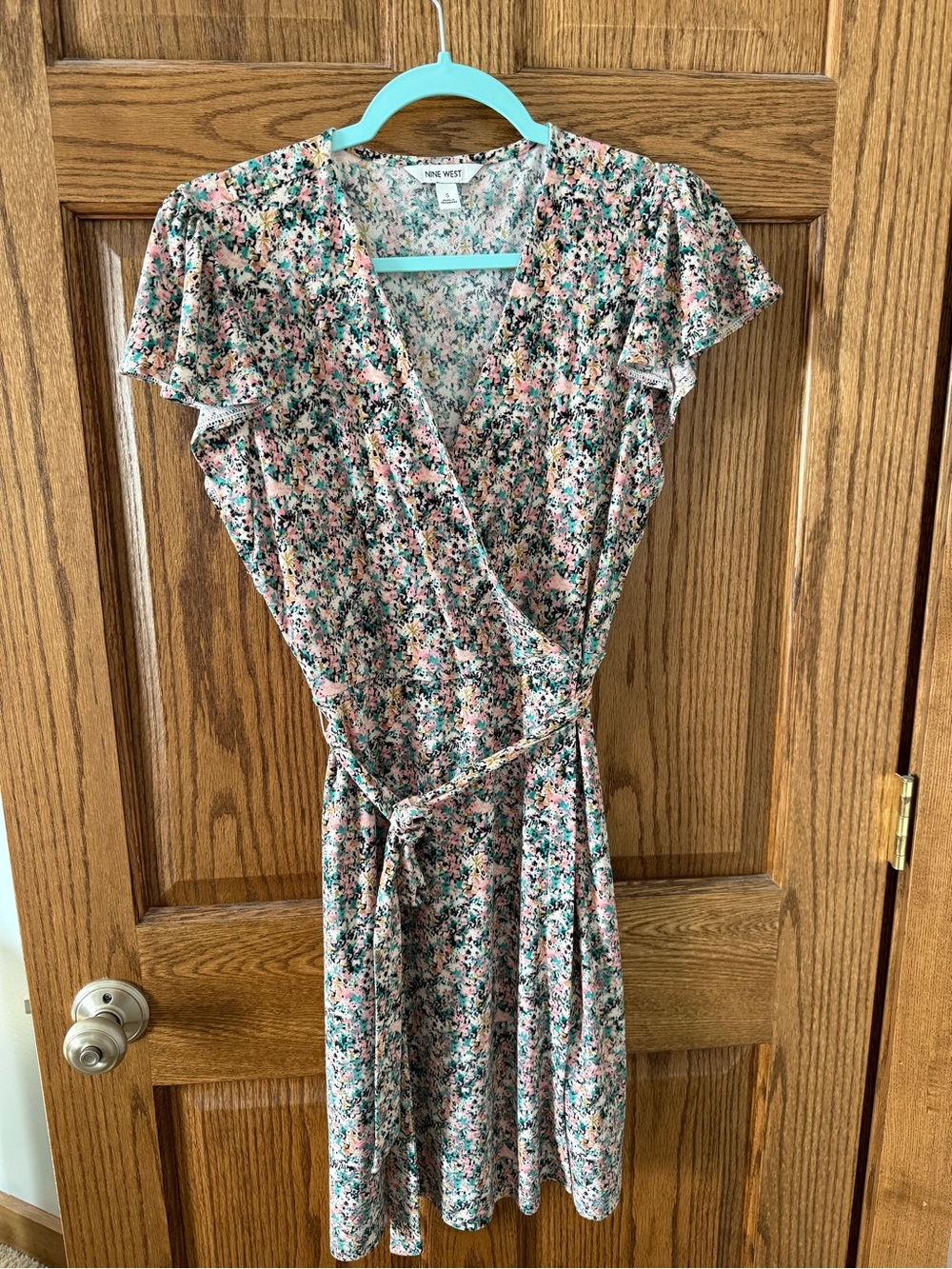 Nine West Pink and Green Floral Wrap Midi Dress